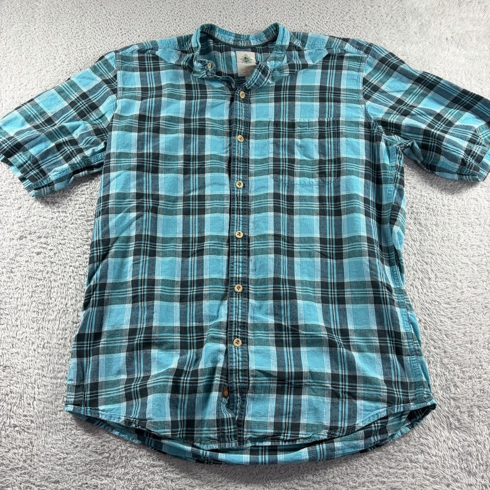 Territory Ahead Band Collar Shirt Mens Large Tall Plaid Teal‎ Blue Cotton Casual